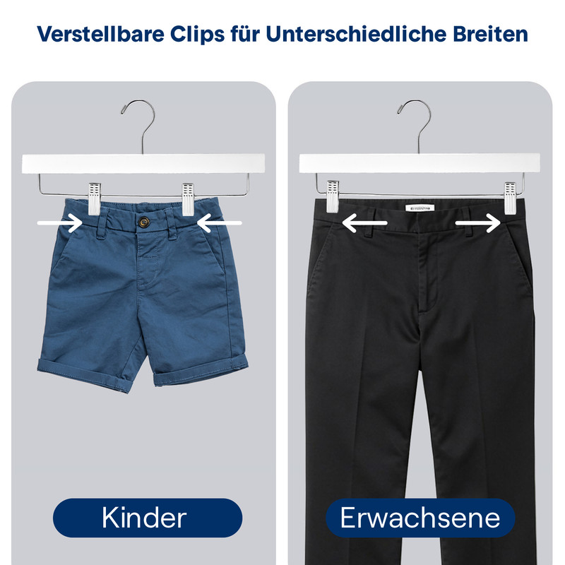 Verstellbare Clips zeigen Kinderhose links und Erwachsenenhose rechts.