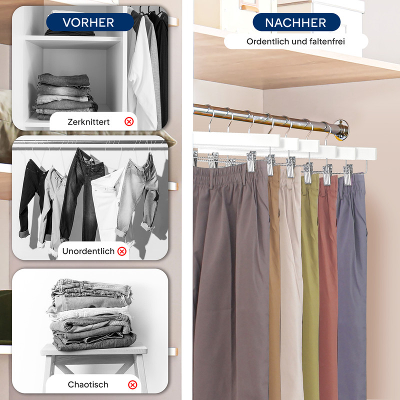 Vorher: zerknitterte Kleidung; Nachher: ordentlich aufgehängte Hosen.