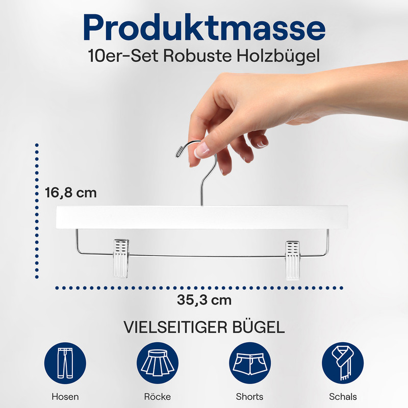 Ein weißer Holzbügel mit Clips, 35,3 cm breit, 16,8 cm hoch.