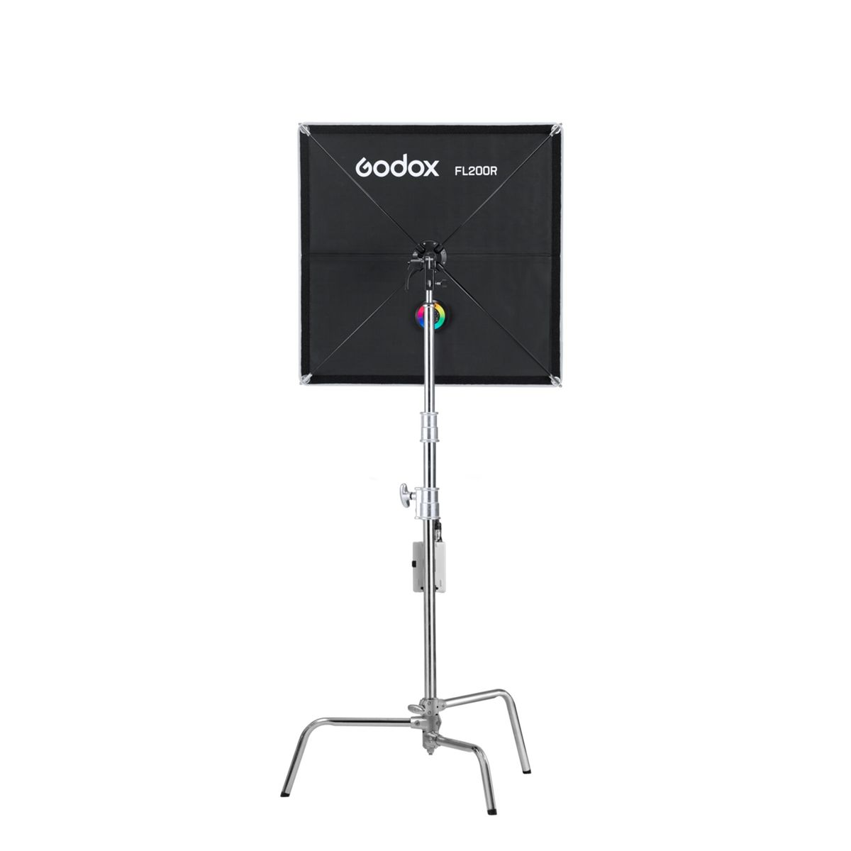 Ein Godox FL200R Lichtmodifikator auf einem silbernen C-Stativ mit weißem Hintergrund.