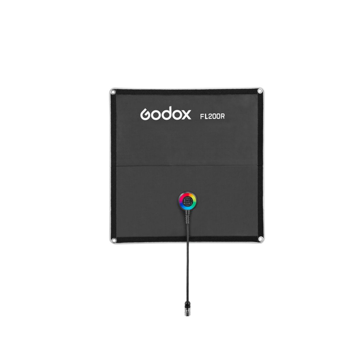 Schwarzer faltbarer Lichtdiffusor mit Godox FL200R Logo und RGB-Steuerung.