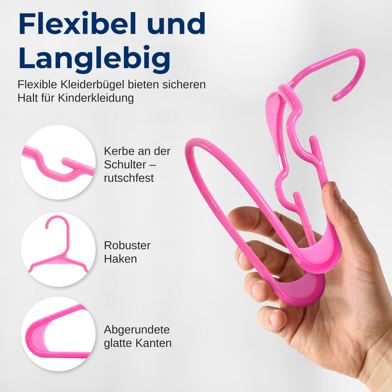 Hand hält pinke Kleiderbügel. Details: Kerben, Haken, Kanten.