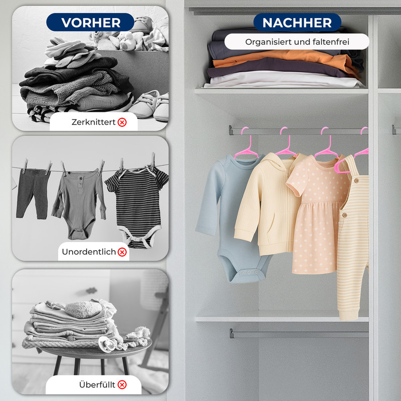 Vorher: zerknittert, unordentlich, überfüllt. Nachher: Kleidung organisiert im Schrank.