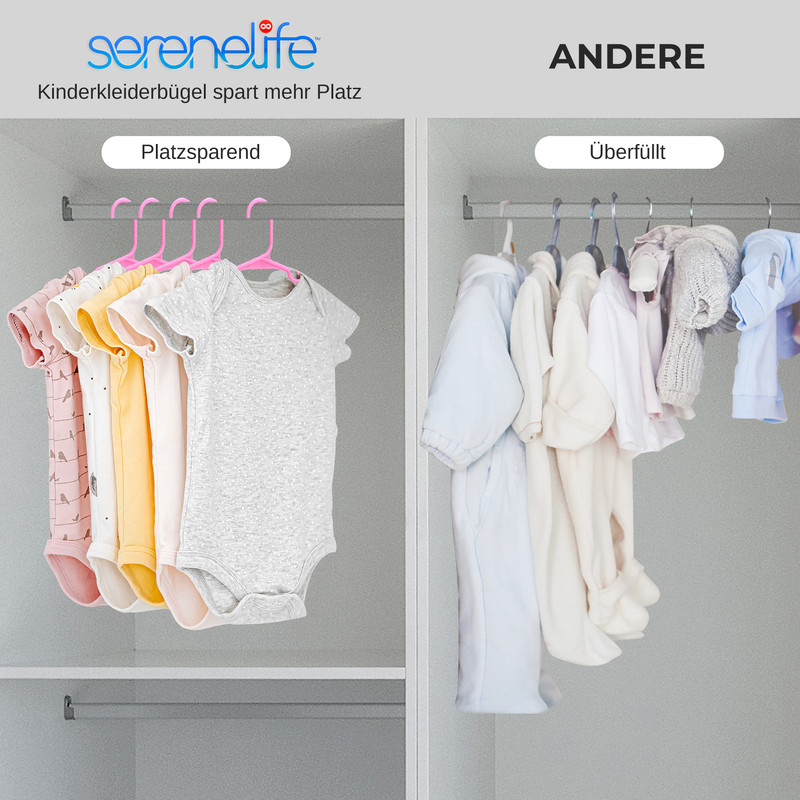 Nebeneinander-Vergleich zweier Schränke: einer mit ordentlich aufgehängter Babykleidung an rosa Bügeln, der andere mit überfüllter Babykleidung.