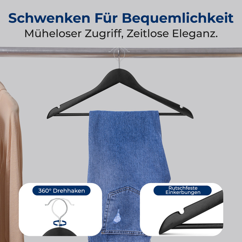 Schwarzer Kleiderbügel mit Jeans und Oberteil, mit Detailbildern.