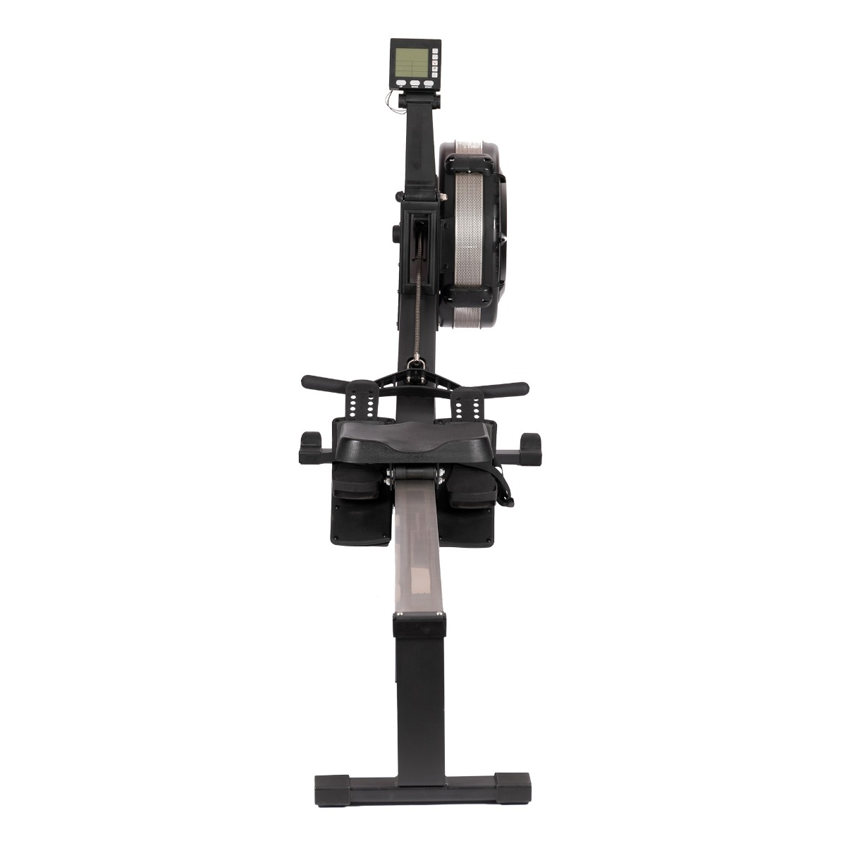 Ein schwarzes Rudergerät mit Sitz, Pedalen, Griff und Display.