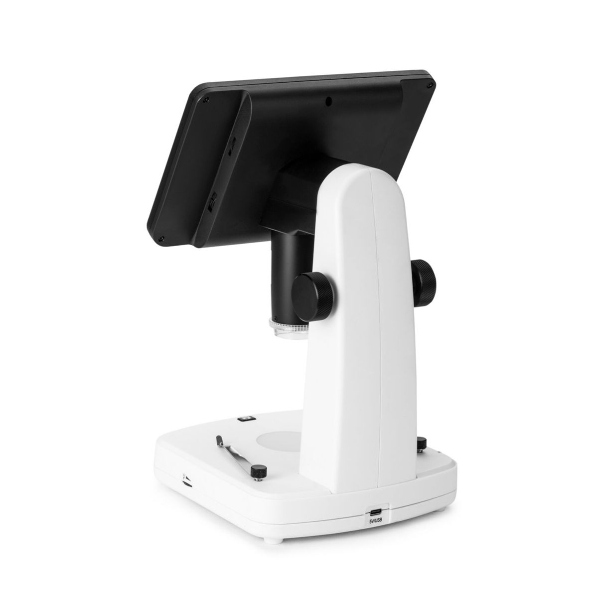 Ein weißes Digitalmikroskop mit einem großen schwarzen Bildschirm und Fokusknöpfen.