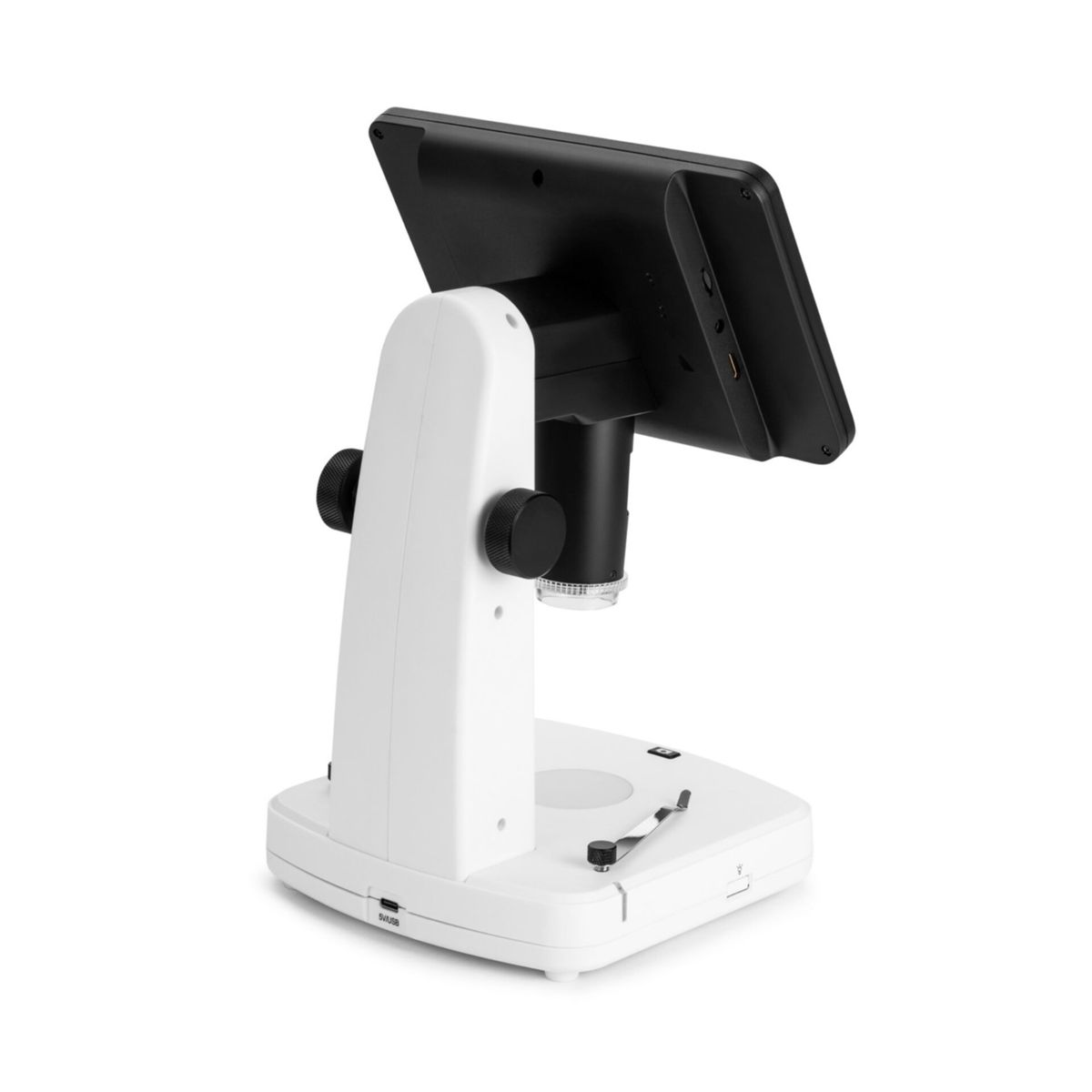 Ein weißes digitales Mikroskop mit schwarzem Bildschirm und zwei Fokusknöpfen.