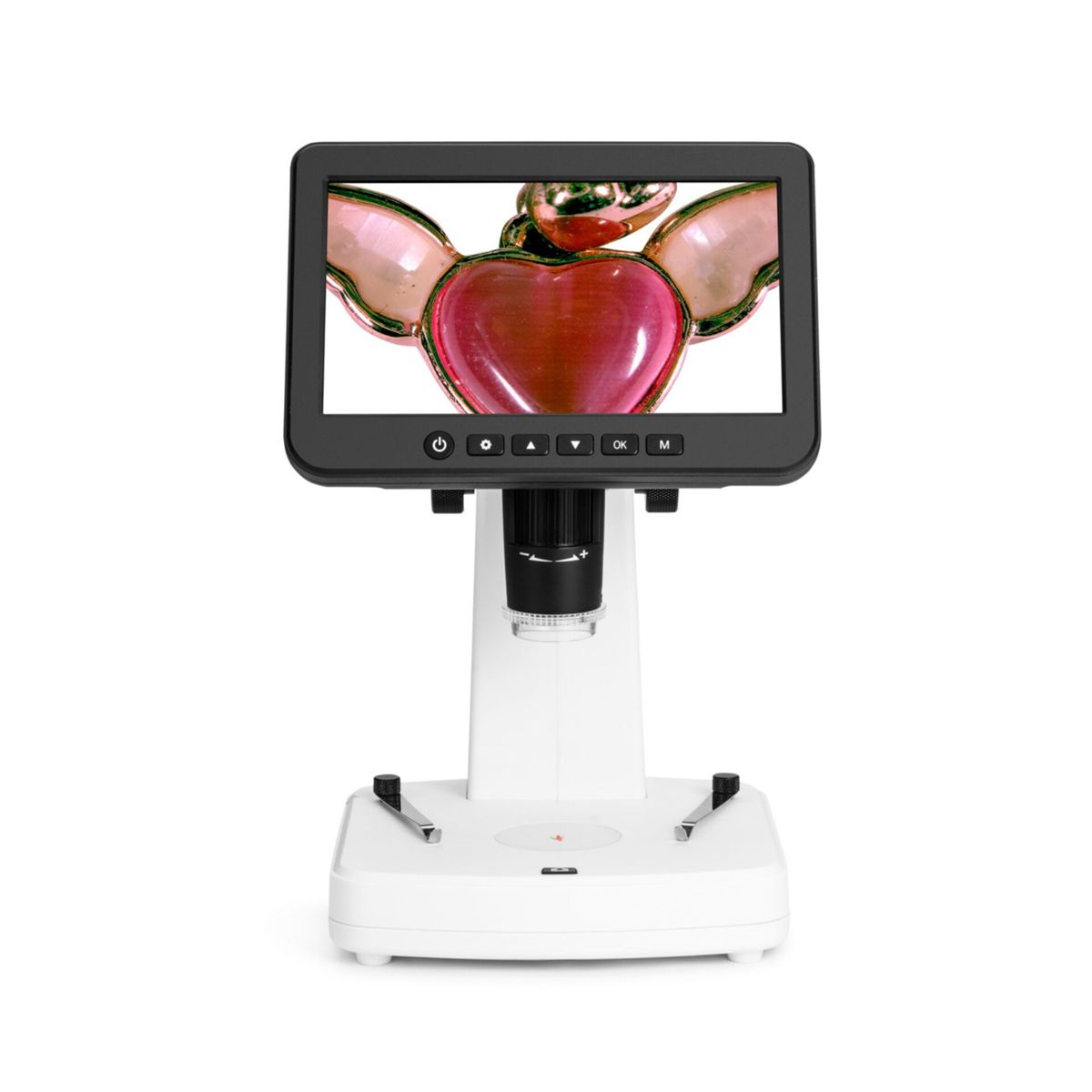 Ein digitalmikroskop mit einem Bildschirm, der ein Herz mit Flügeln zeigt.