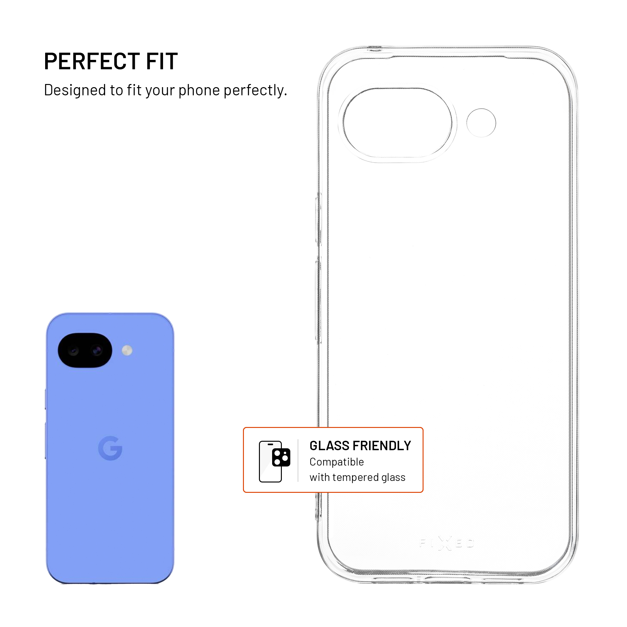 Ein lila Smartphone liegt neben einer transparenten Hülle.