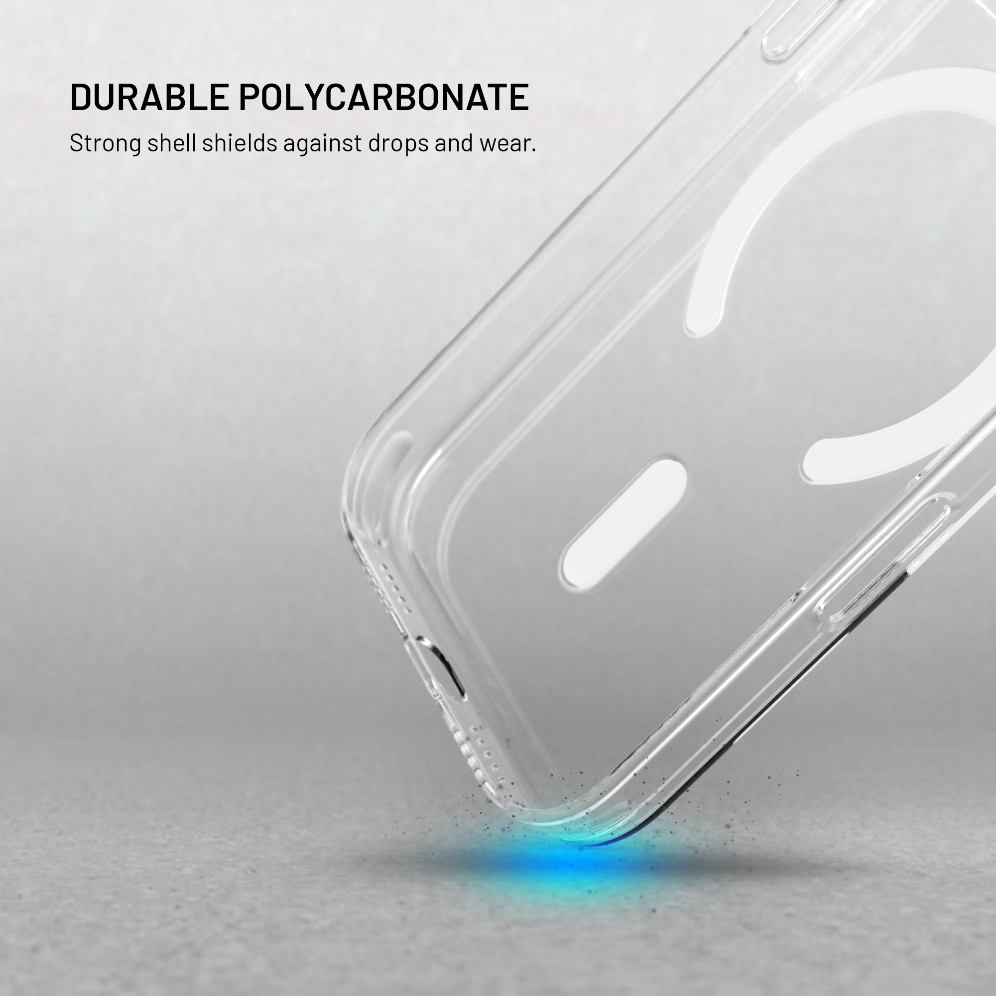Transparente Handyhülle fällt, blauer Lichteffekt am Aufprallpunkt.