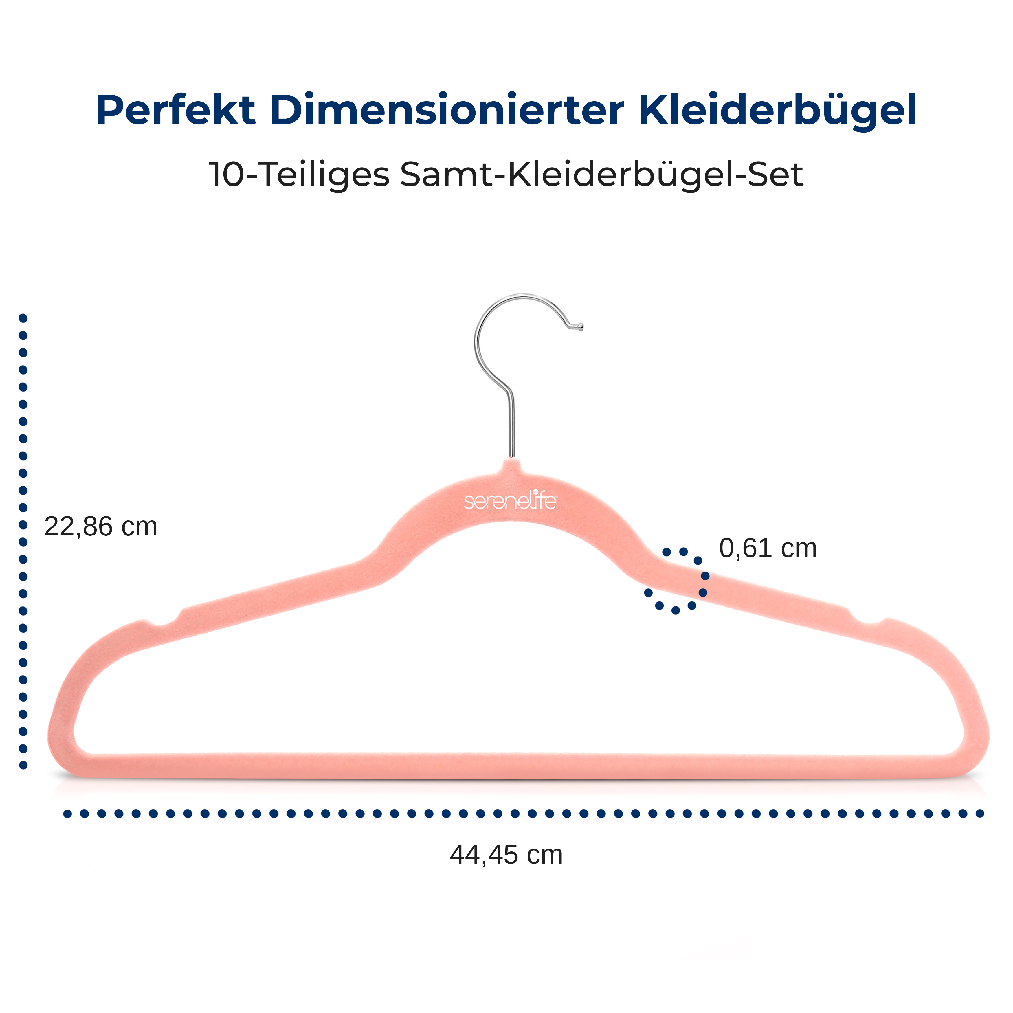 Ein rosafarbener Samtkleiderbügel mit Maßen und Aufdruck 'serenelife'.
