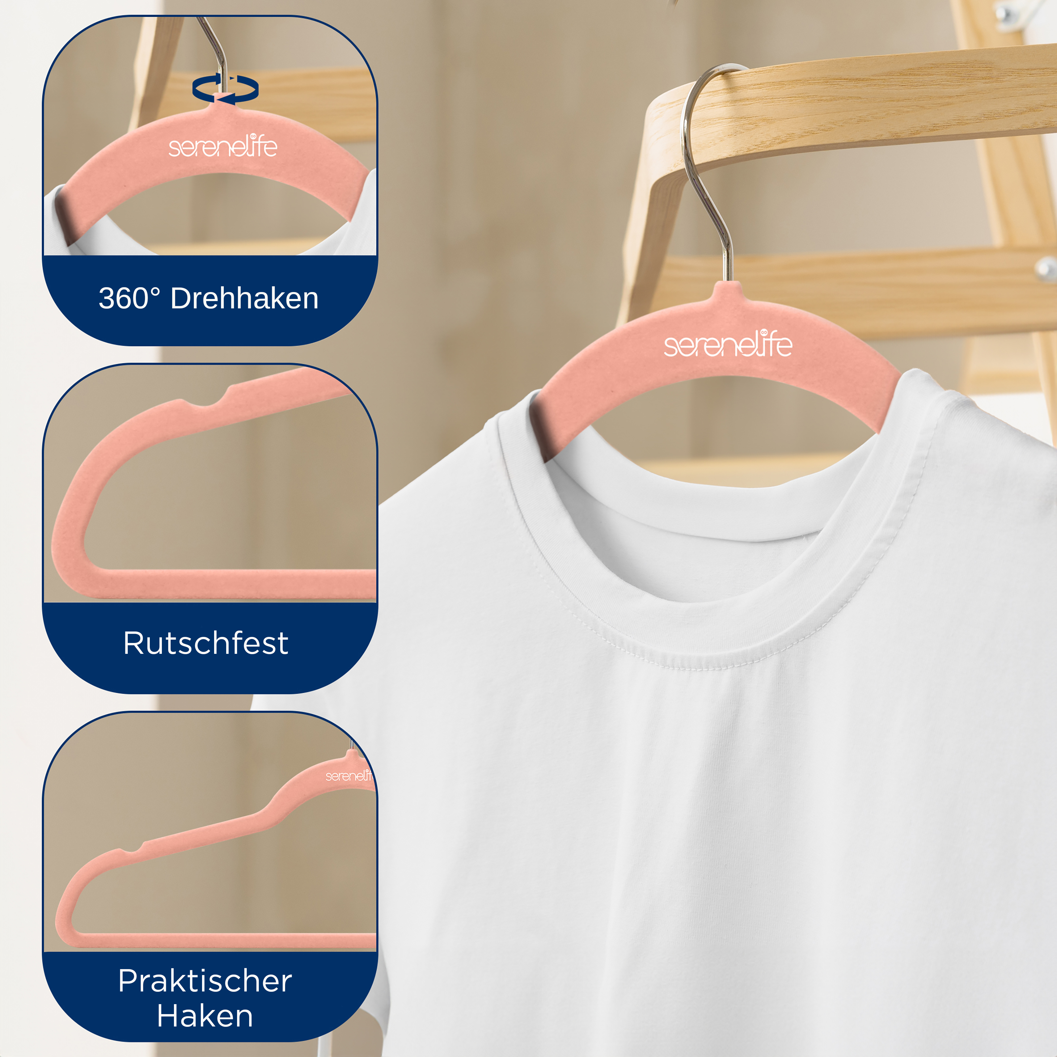 Ein pfirsichfarbener Kleiderbügel mit einem weißen T-Shirt, der 360 Grad drehbar ist.