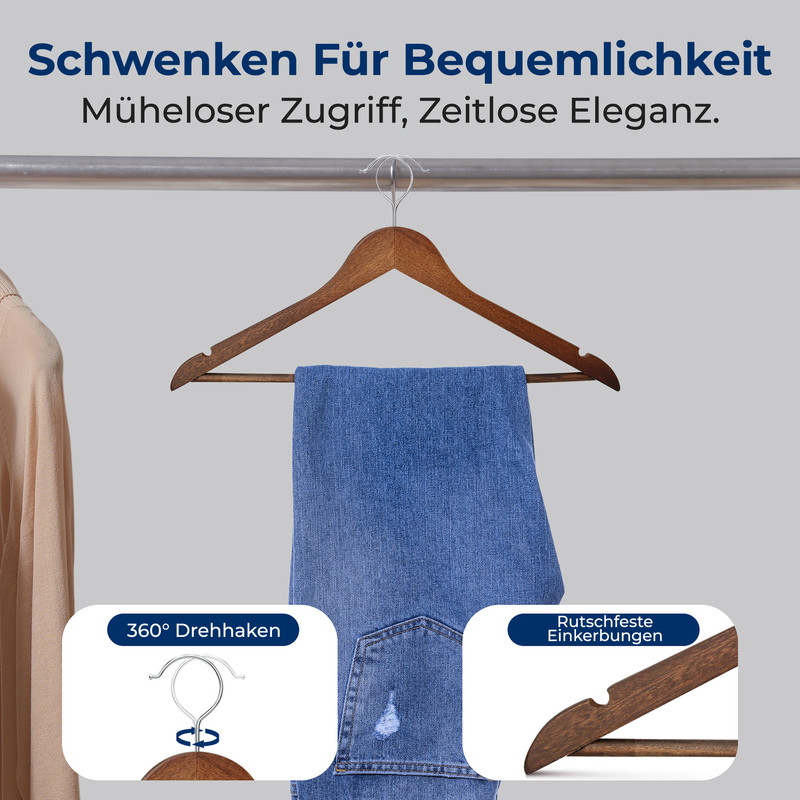 Holz-Kleiderbügel mit Jeans und zwei Detailaufnahmen: drehbarer Haken und Kerben.