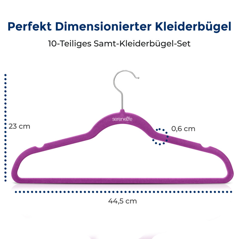 Ein violetter Samtkleiderbügel mit silbernem Haken, 44,5 cm breit.