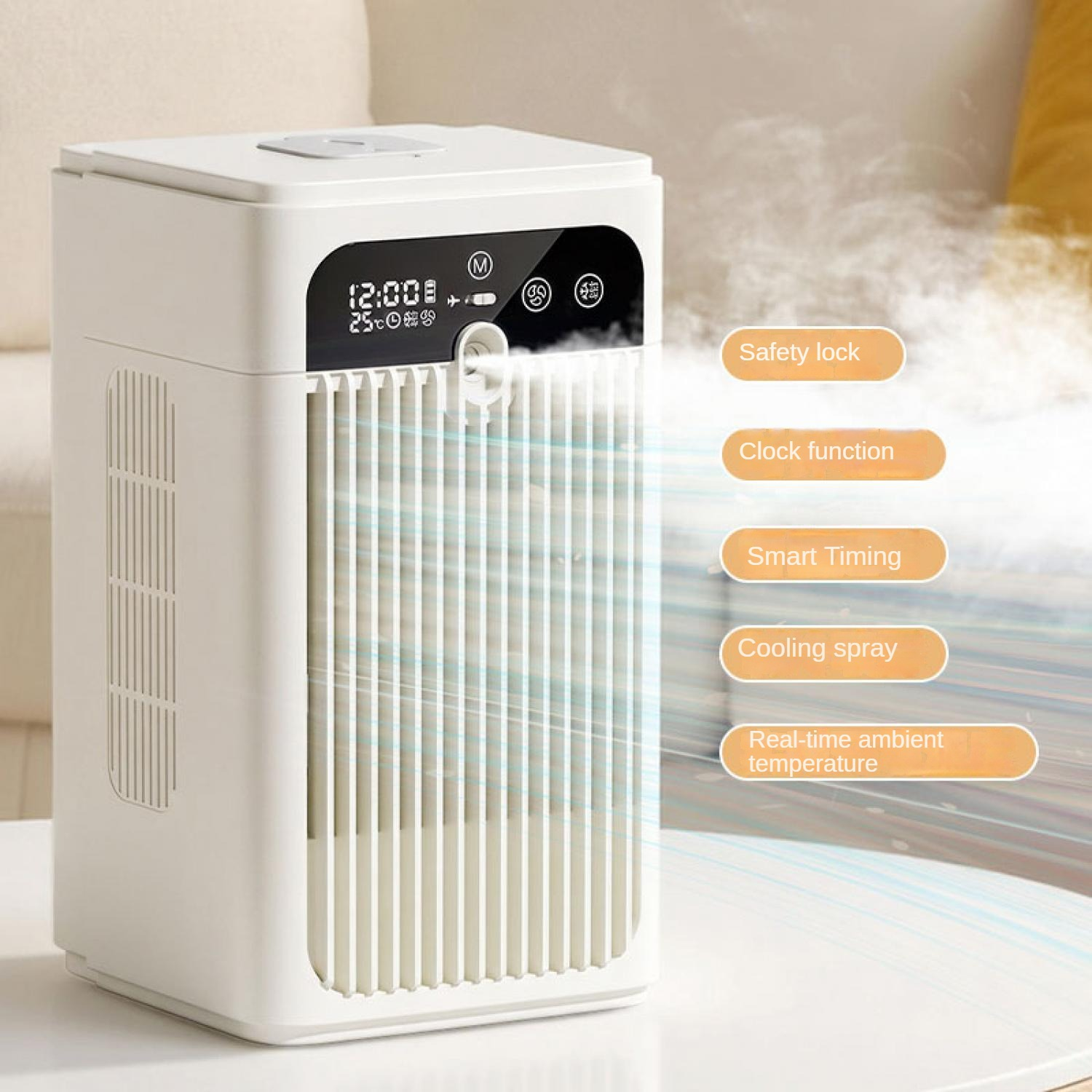 Ein weißer Luftkühler mit Digitalanzeige (12:00, 25°C), der Nebel ausstößt, mit Feature-Beschriftungen.