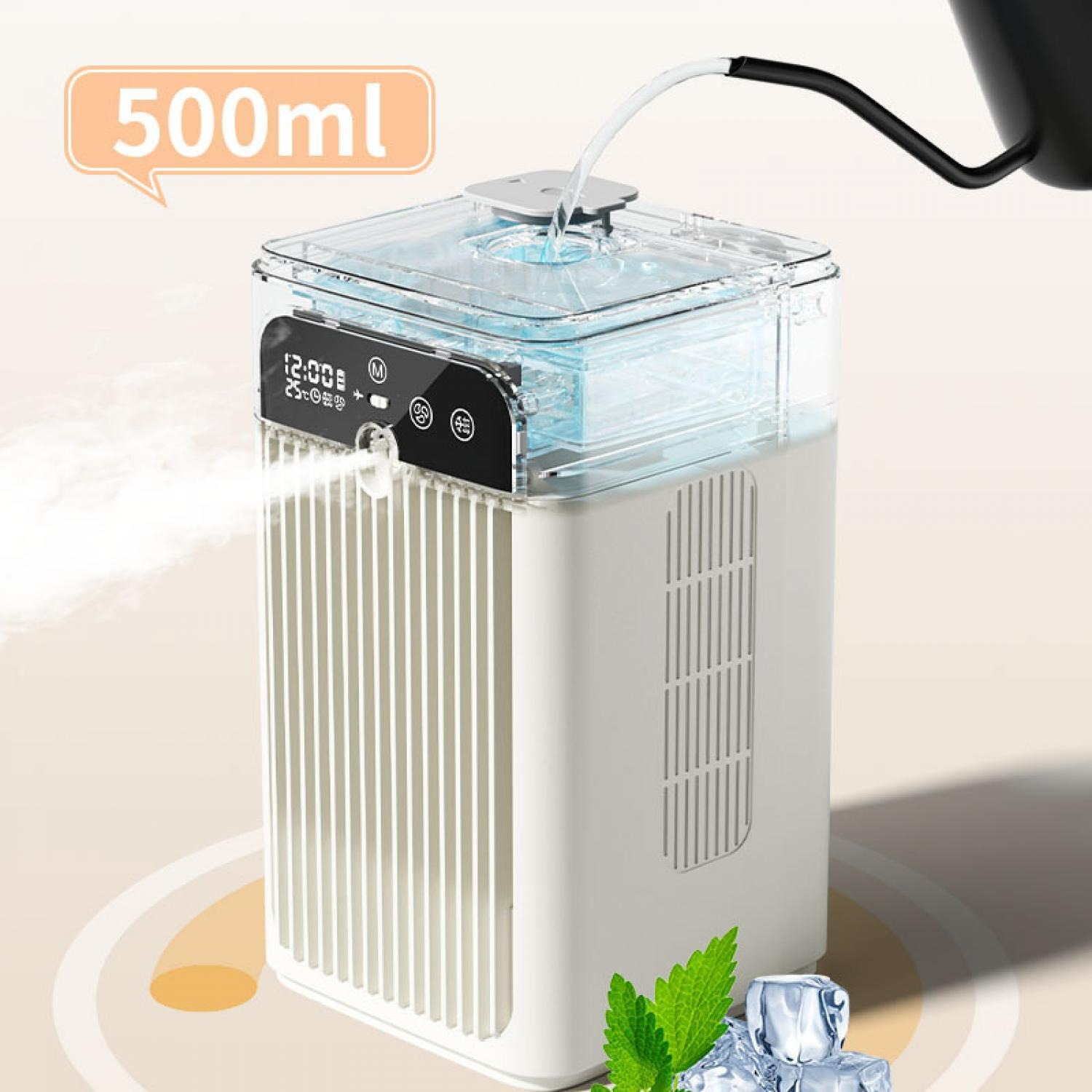 Ein weißer Luftbefeuchter mit transparentem Tank, der mit Wasser gefüllt wird.
