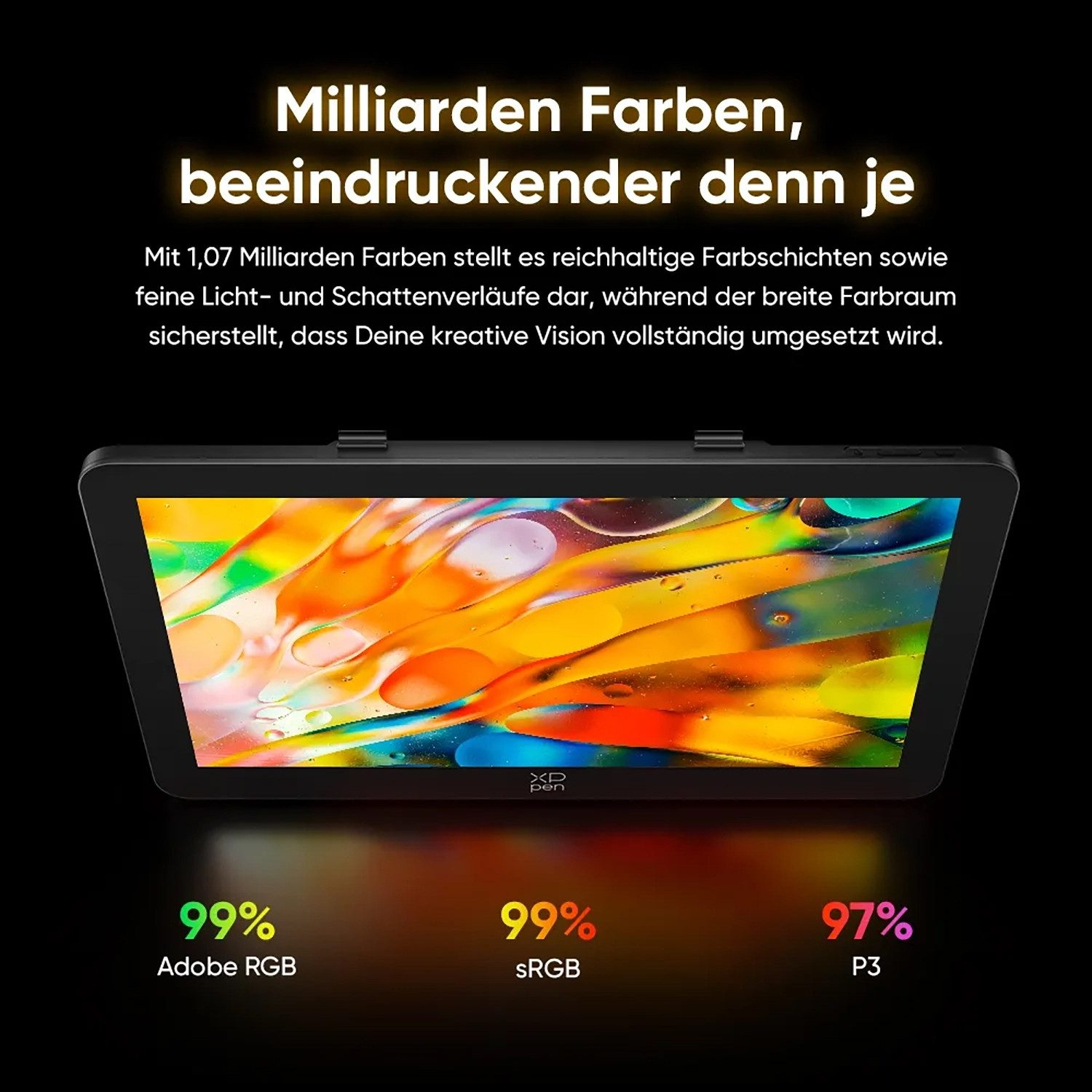Ein Tablet zeigt ein farbenfrohes Bild, mit 99% Adobe RGB, 99% sRGB, 97% P3.