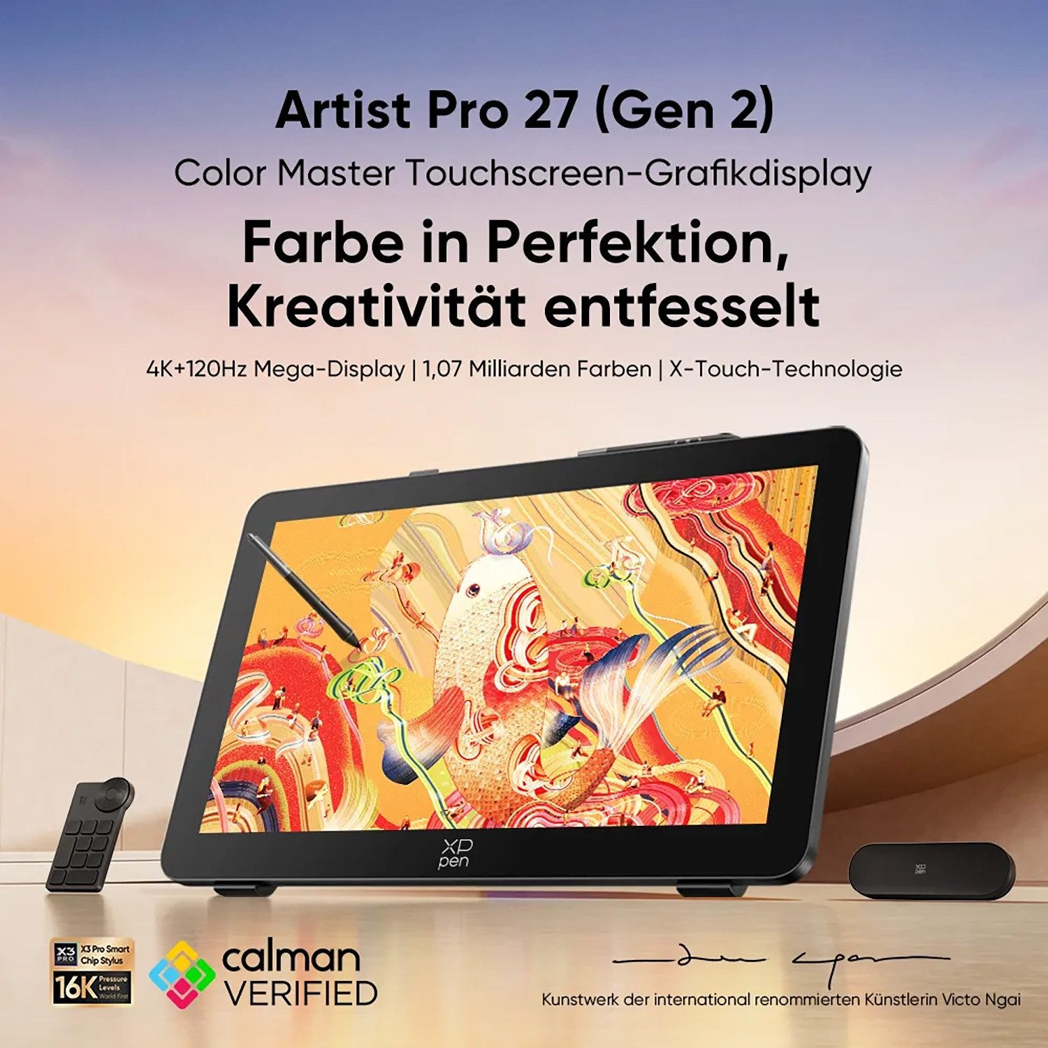XP-Pen Artist Pro 27 mit Stift-Display, Fernbedienung und Lautsprecher.