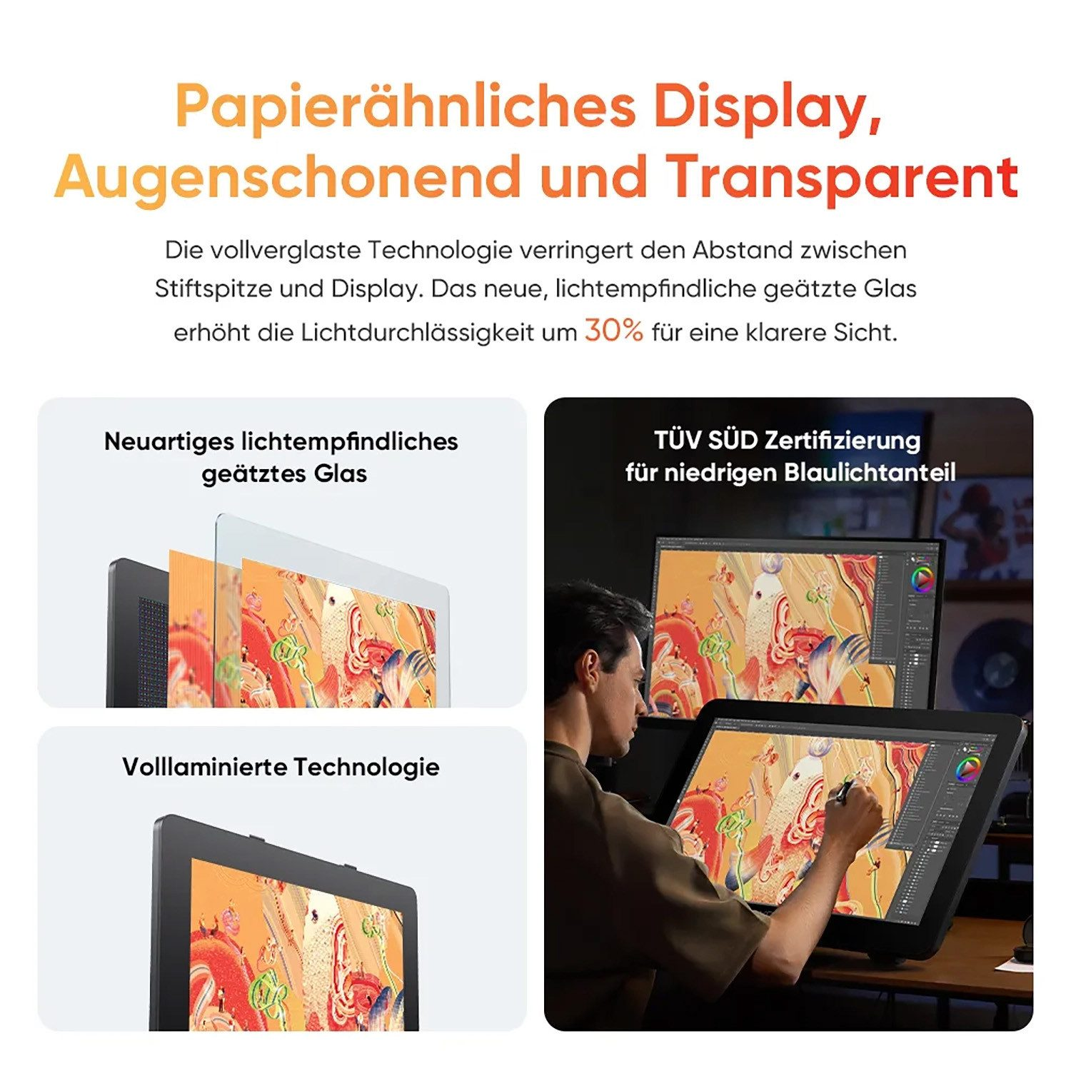 Mann nutzt ein Grafiktablett mit zwei Bildschirmen, die Kunst zeigen.