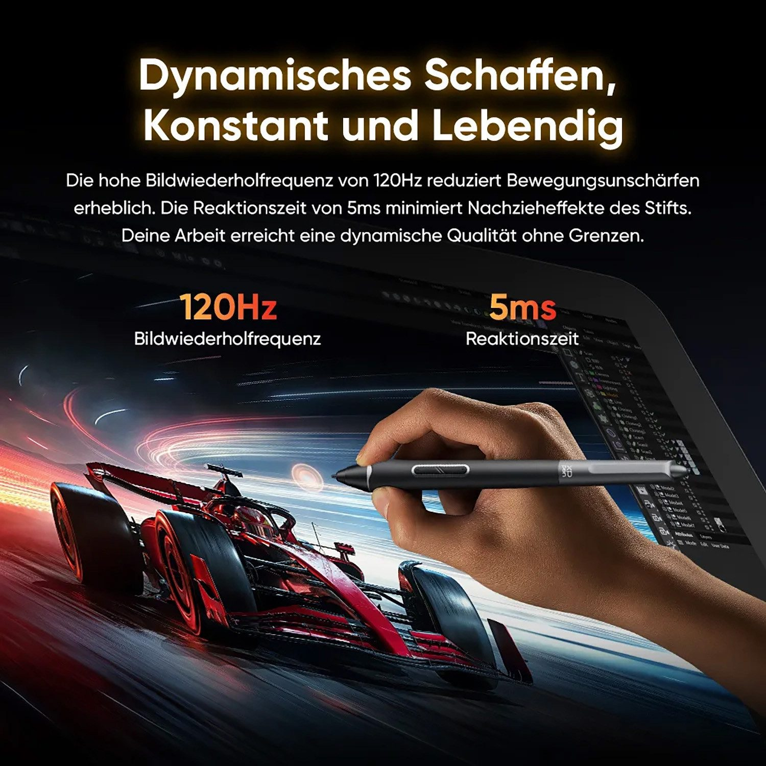 Eine Hand hält einen Stift über einem digitalen Tablet, das einen roten Rennwagen mit Lichtspuren anzeigt, Text darüber.