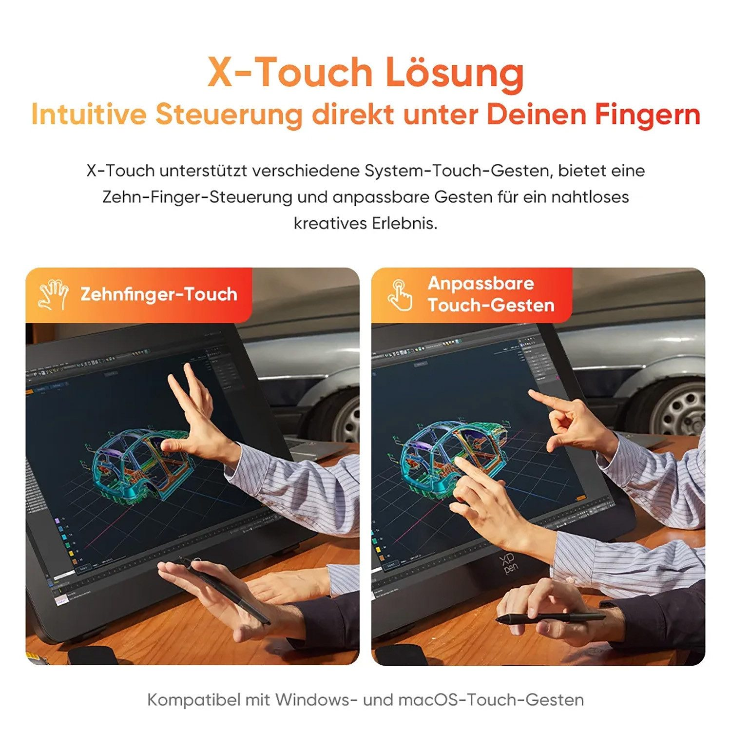 Zwei Hände interagieren mit einem großen digitalen Zeichentablett, das ein 3D-Automodell zeigt und Touch-Gesten demonstriert.