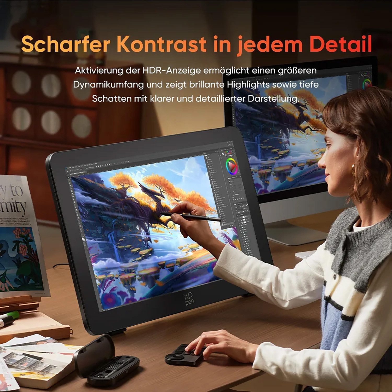 Künstlerin zeichnet auf einem Tablet mit einer bunten Fantasielandschaft. Text: Scharfer Kontrast.