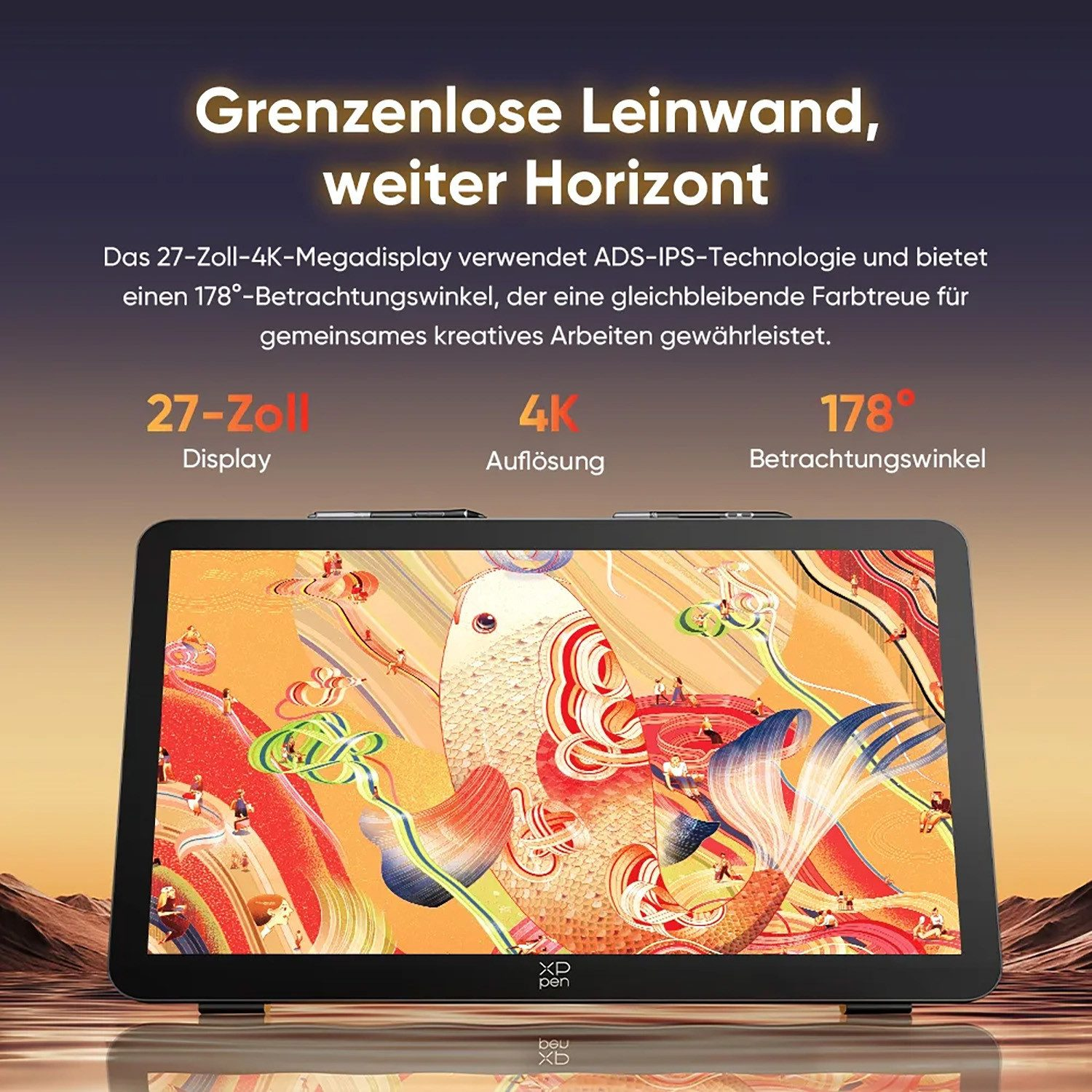 Ein 27-Zoll-4K-Display mit einem 178°-Betrachtungswinkel zeigt bunte Kunst.