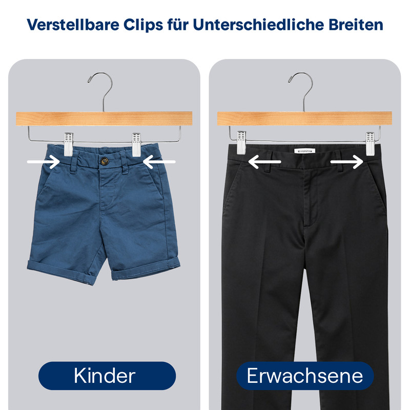 Kinder-Shorts und Erwachsenenhose an Kleiderbügeln, verstellbare Clips.