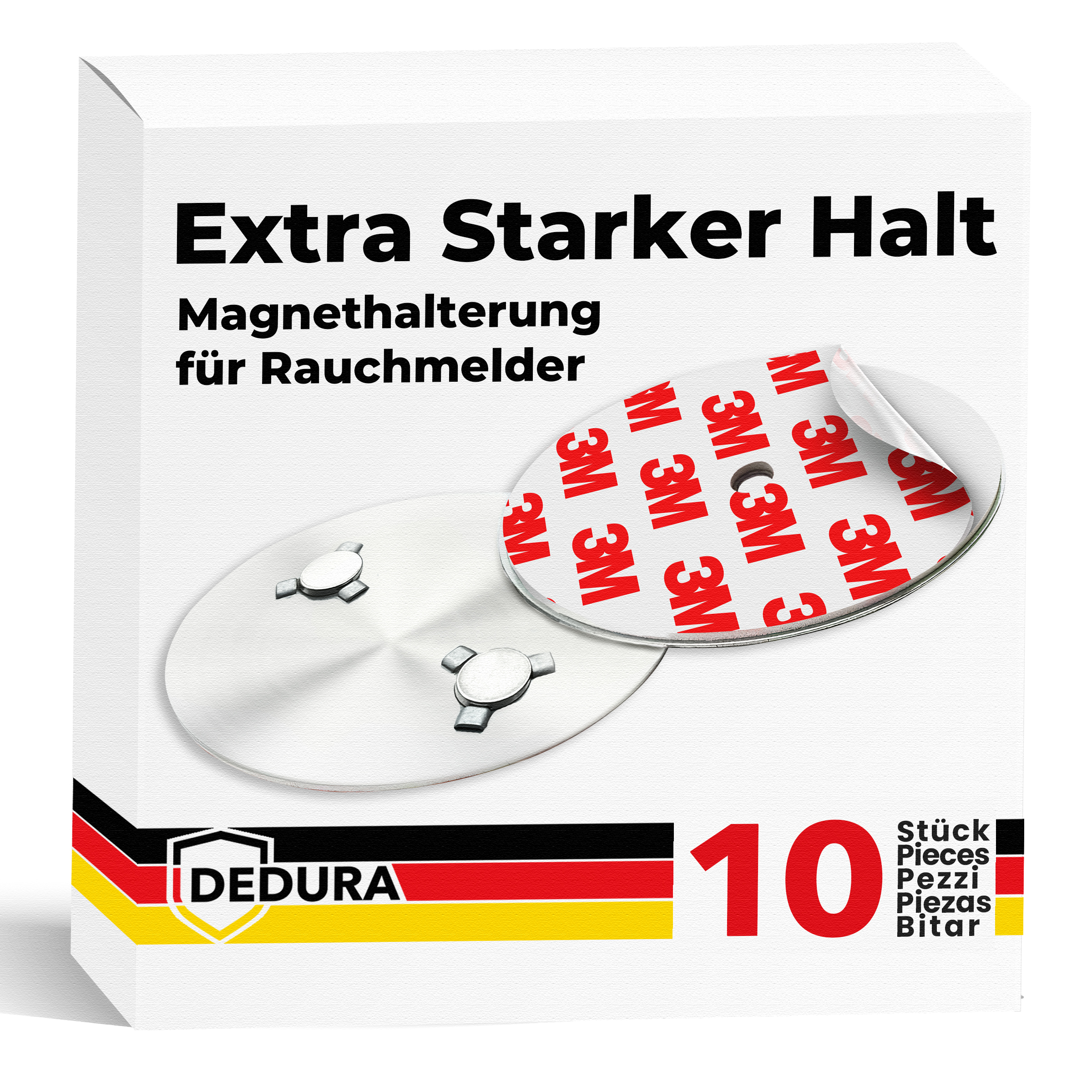 Weiße Box für magnetische Rauchmelderhalterungen, mit zwei silbernen Scheiben, eine davon mit teilweise abgezogener 3M-Klebefolie.