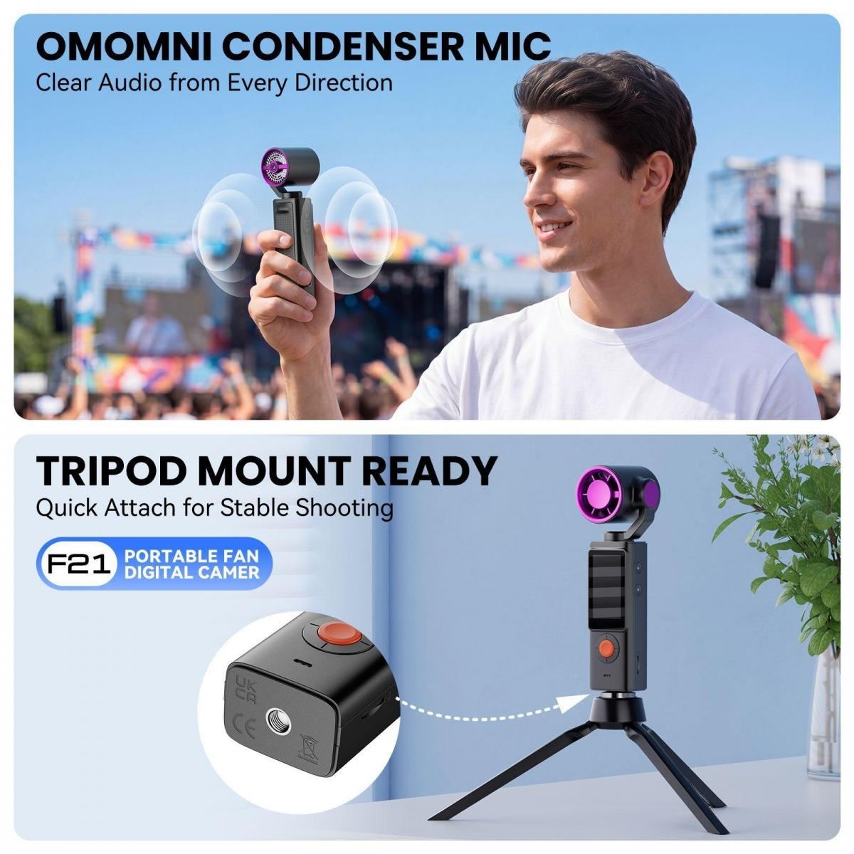 Mann hält Mikrofon, zeigt Gimbal auf Stativ und Lüfter.
