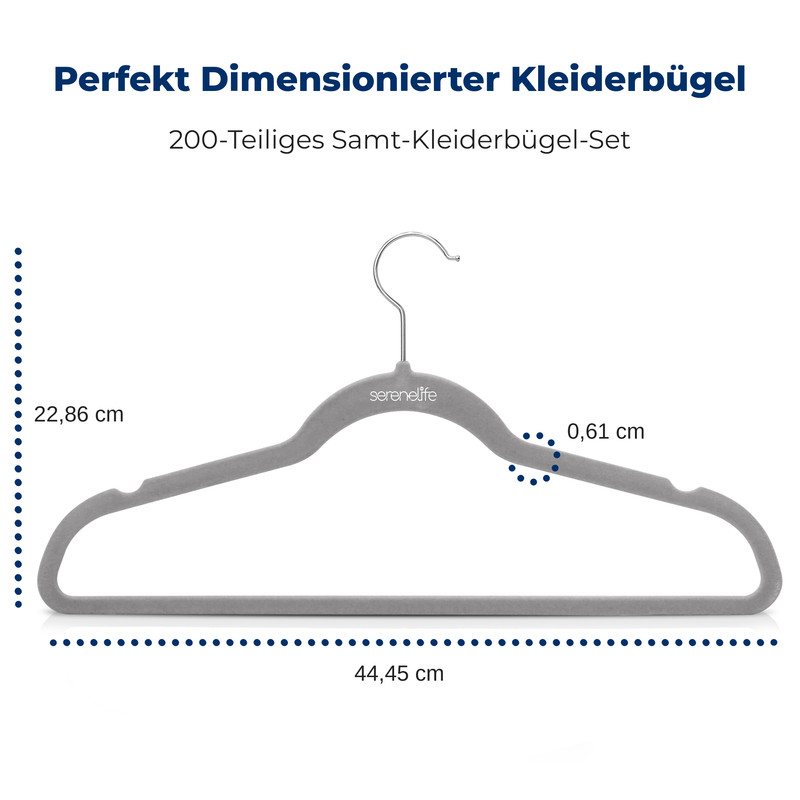 Grauer Samtkleiderbügel mit Maßen 44,45 cm Breite, 22,86 cm Höhe und 0,61 cm Dicke.