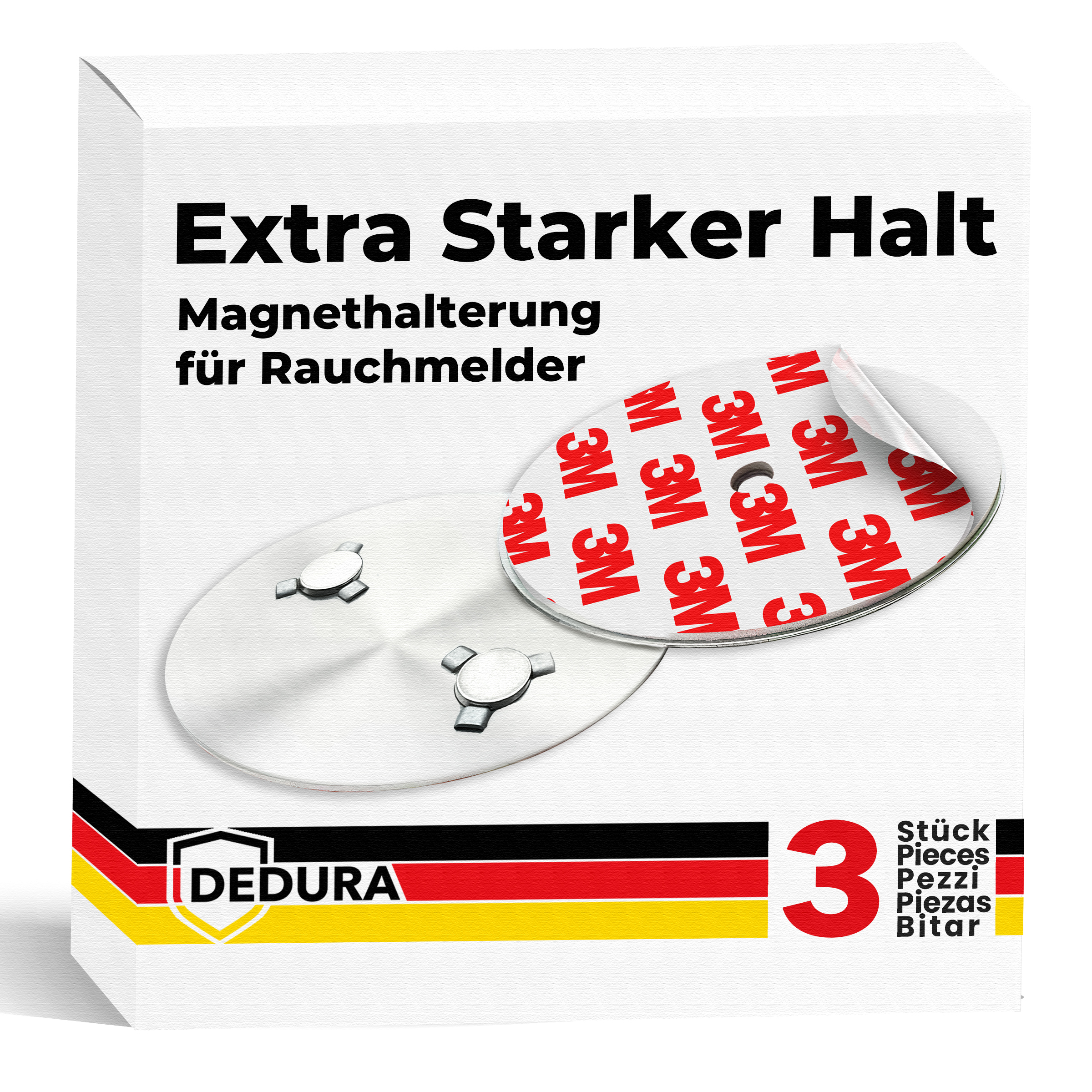 Packung mit 3 Magnet-Halterungen für Rauchmelder, mit 3M Klebeband.