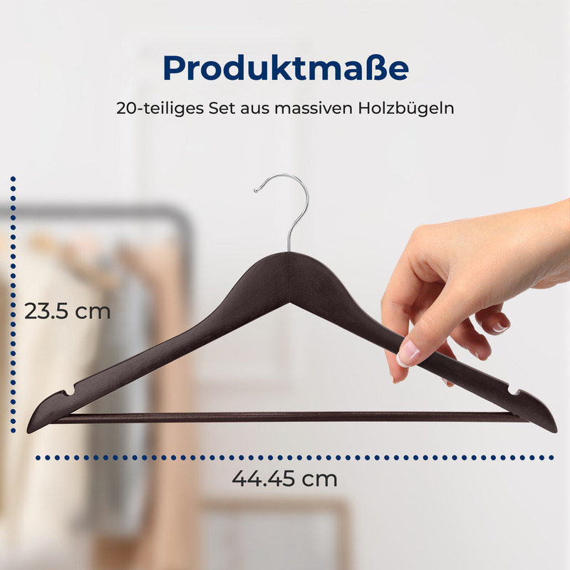 Dunkler Holz-Kleiderbügel, 44,45 cm breit, 23,5 cm hoch.