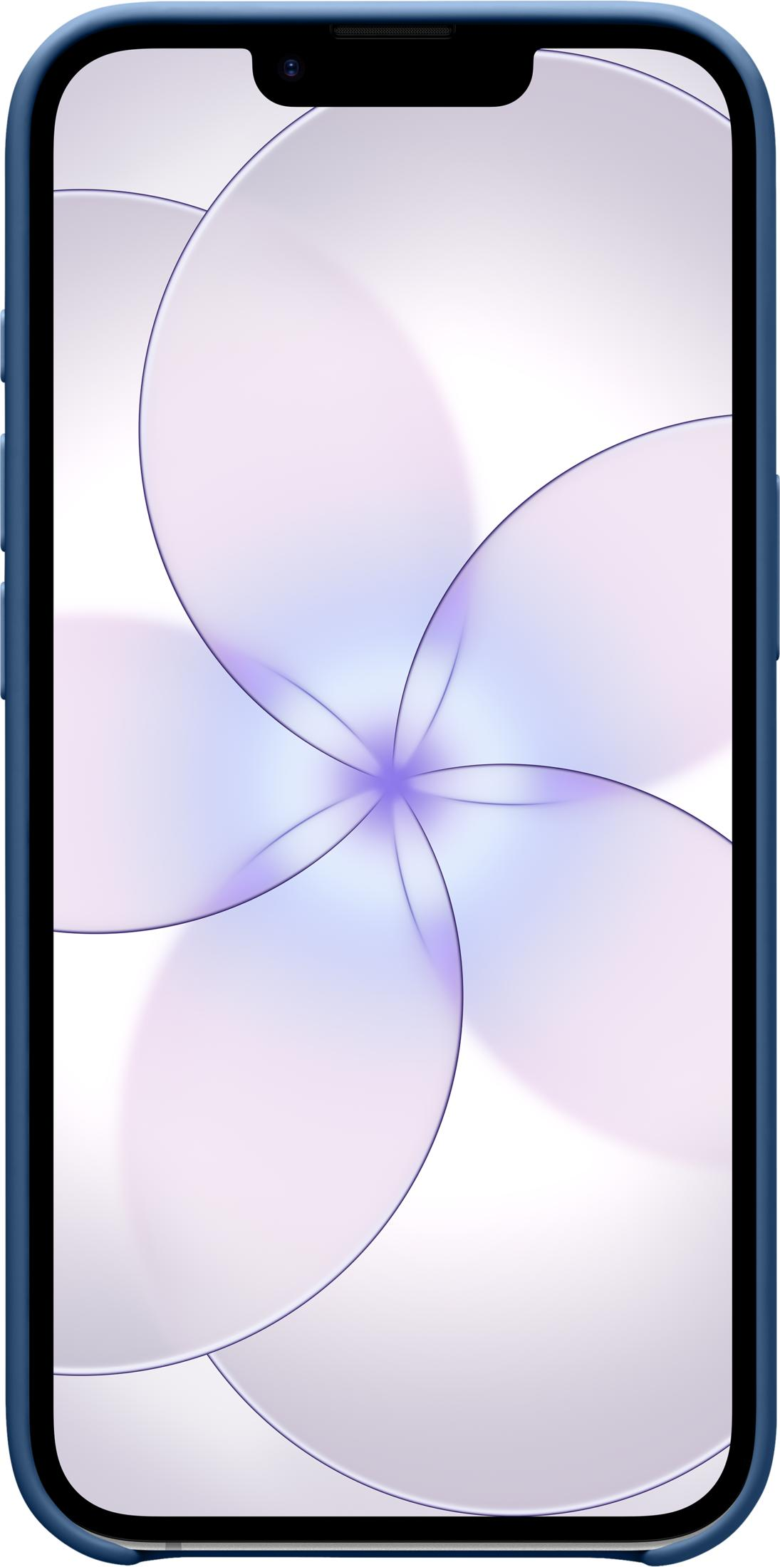 Ein blaues Smartphone zeigt einen abstrakten Hintergrund mit lila und weißen Formen.