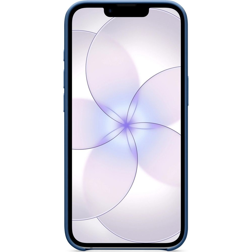Ein blaues Smartphone mit einem abstrakten lila und weißen Hintergrundbild.