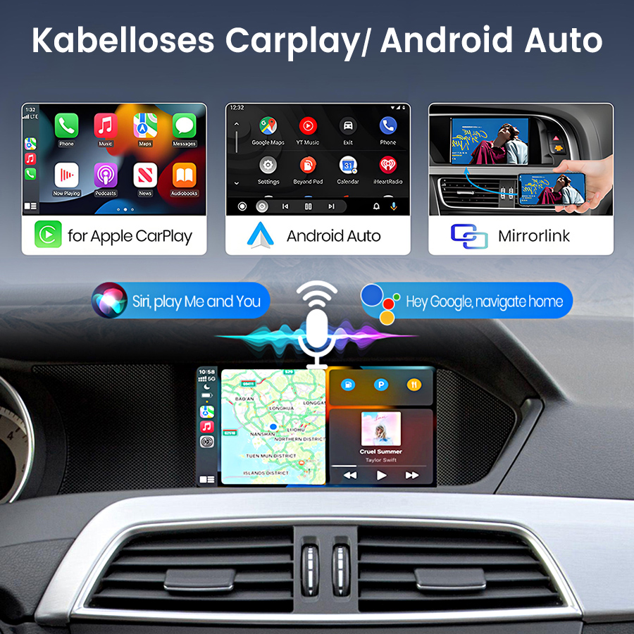 Bildschirm zeigt Apple CarPlay, Android Auto, Mirrorlink, Karten & Musik.