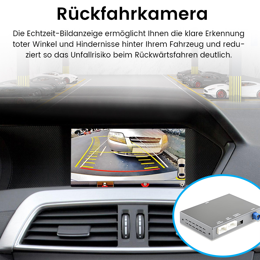 Rückfahrkamera-Bildschirm zeigt Parkplatz mit Autos und Rückansicht.
