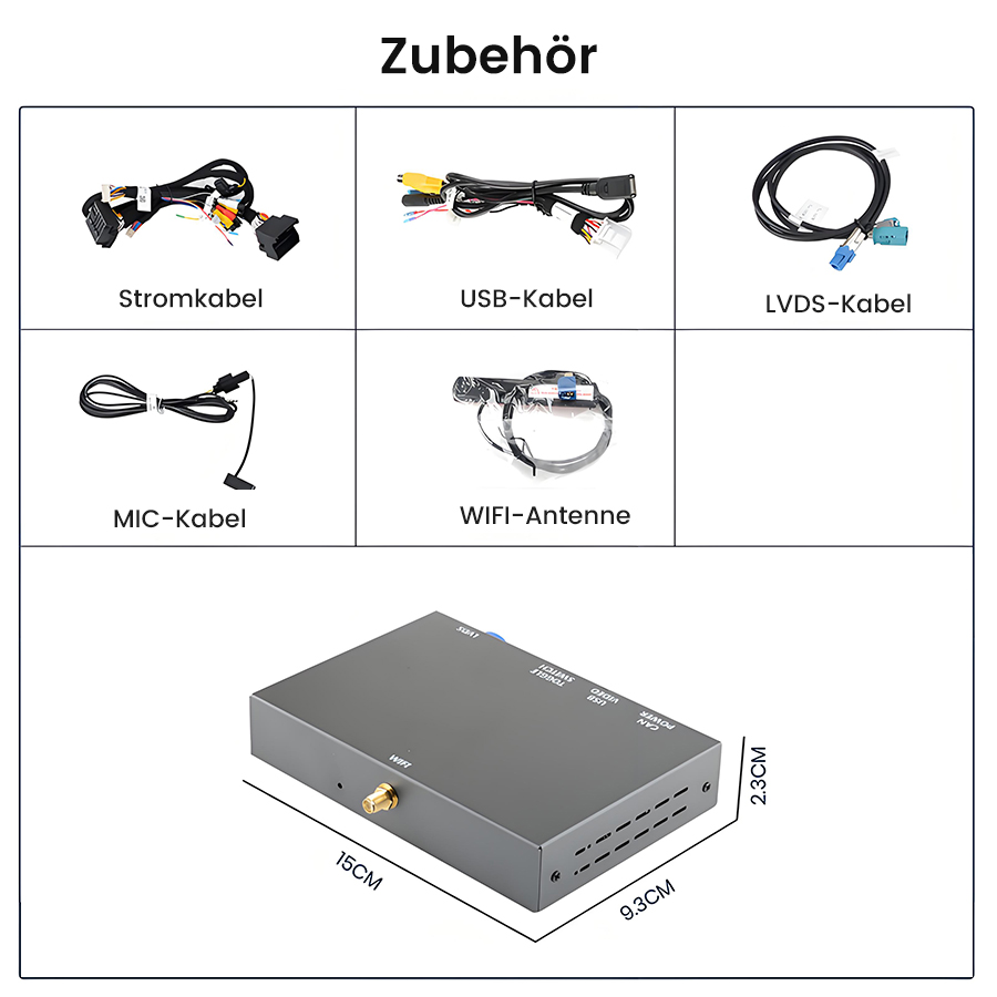 Zubehör: Strom-, USB-, LVDS-, MIC-Kabel, WIFI-Antenne und eine graue Box.
