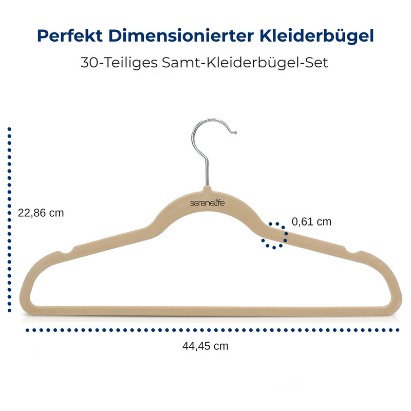 Ein beiger Samtkleiderbügel mit silbernem Haken und Maßangaben.