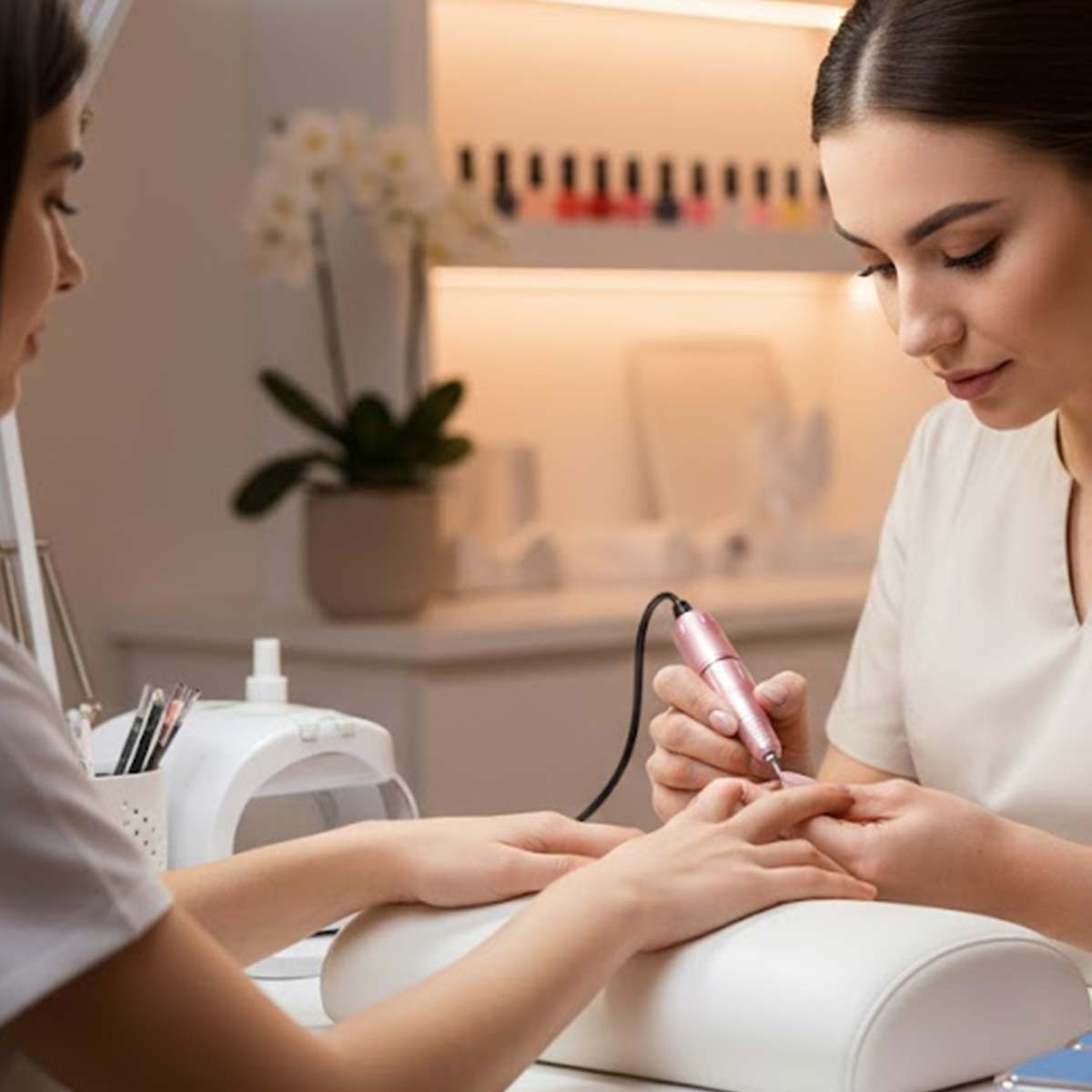 Nageldesignerin benutzt pinken Bohrer an Kundennagel. Maniküre-Setup.