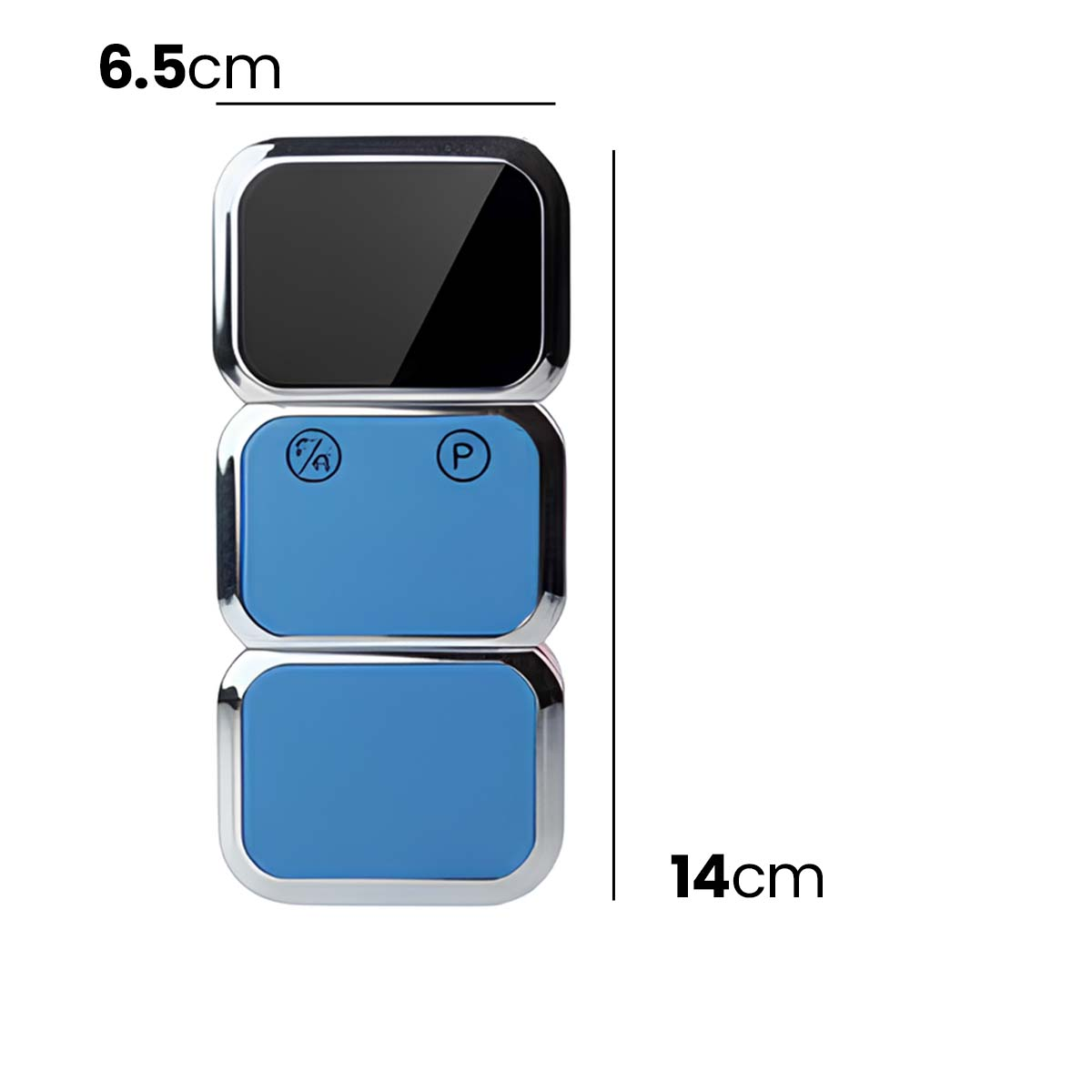 Eine Nahaufnahme eines schwarzen und blauen rechteckigen Geräts mit abgerundeten Ecken, das Maße von 6,5 cm und 14 cm zeigt.
