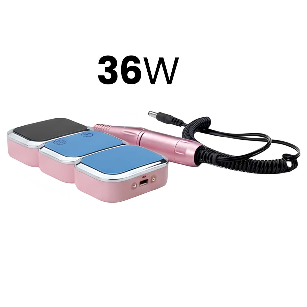 Ein rosafarbener Nagelfräser mit drei Steuergeräten, beschriftet mit 36W.