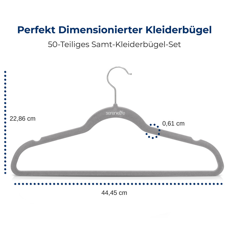 Grauer Samtkleiderbügel mit Maßen, Marke serenelife. Links 22,86cm, rechts 0,61cm, unten 44,45cm.
