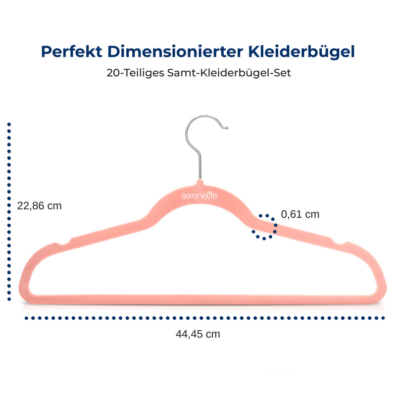 Ein korallefarbener Samtkleiderbügel mit Maßen 44,45 cm Breite, 22,86 cm Höhe, 0,61 cm Dicke.