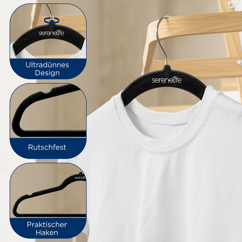 Schwarzer Samtbügel mit weißem T-Shirt und Ausschnitten für Design, Haltbarkeit und Haken.