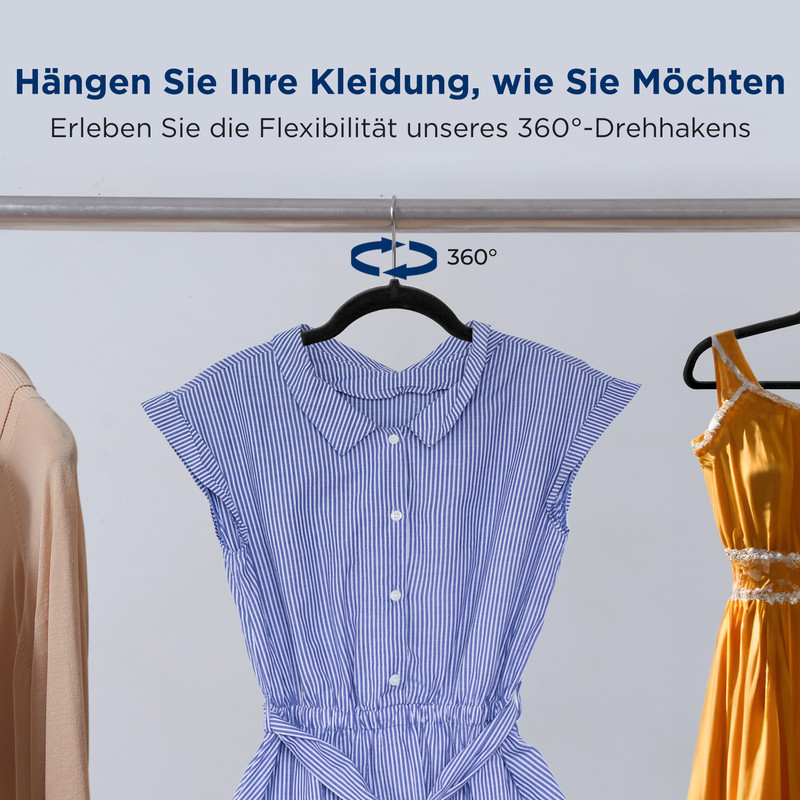Ein gestreiftes blau-weißes Kleid und ein gelbes Kleid hängen an Kleiderbügeln. Ein Haken zeigt 360° an.
