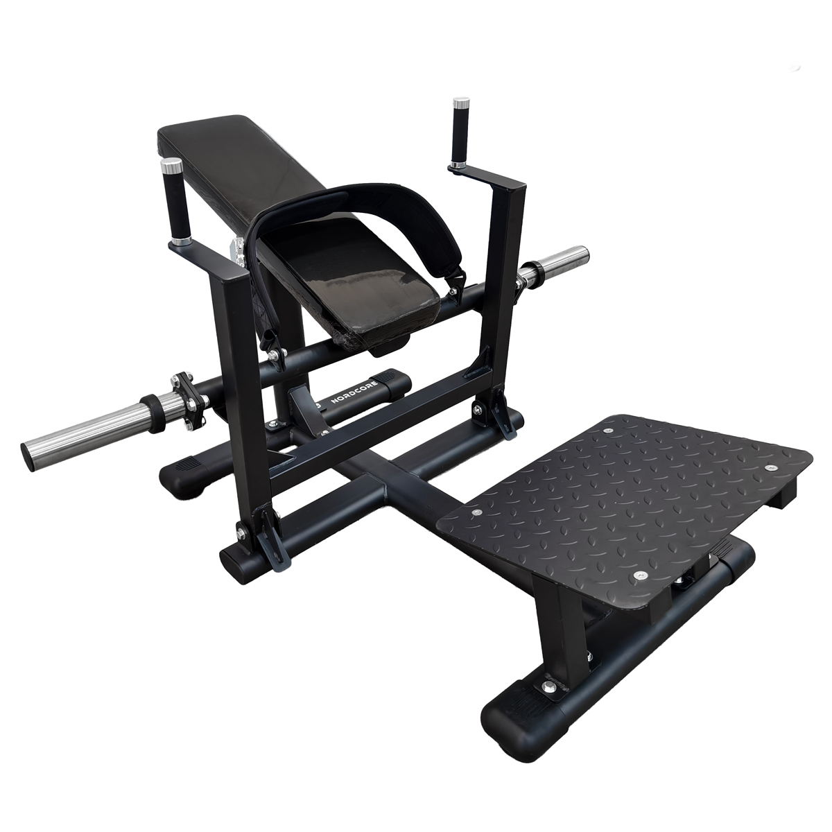 Schwarze Hackenschmidt-Maschine mit gepolstertem Sitz, Fußplatte und Hantelhaltern.