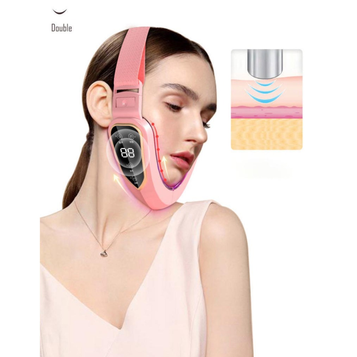 Frau mit rosafarbener Gesichtsstraffungsmaske und digitaler Anzeige. Daneben eine Hautschicht-Illustration.