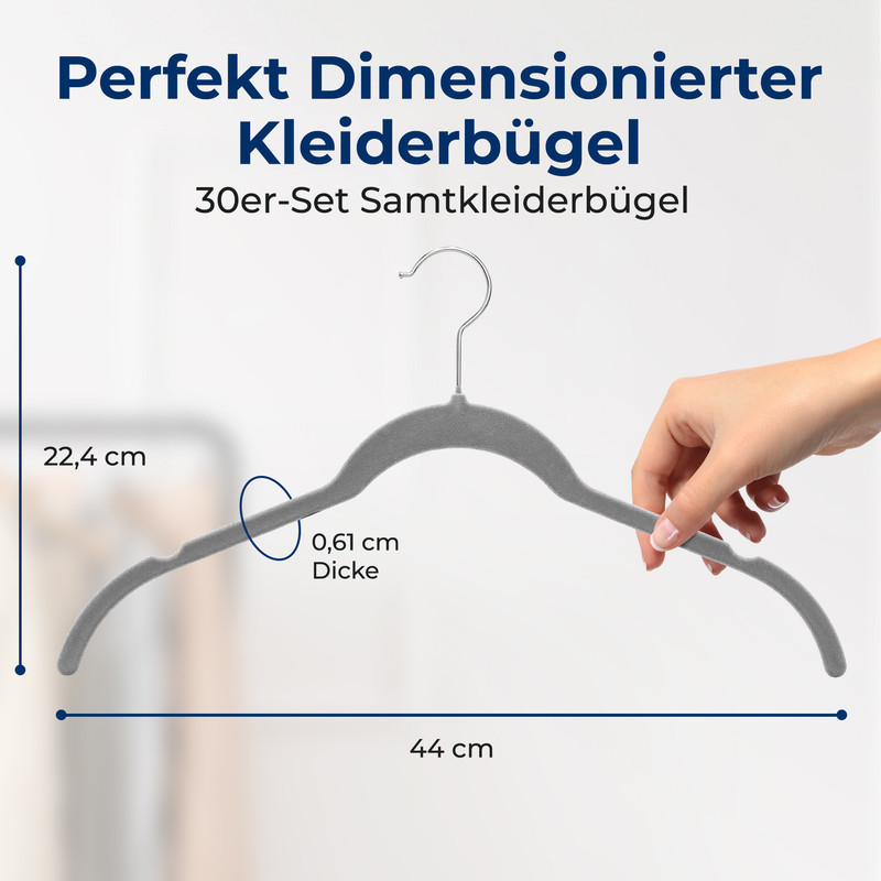 Grauer Samtkleiderbügel mit Maßen 44x22,4 cm, 0,61 cm Dicke.